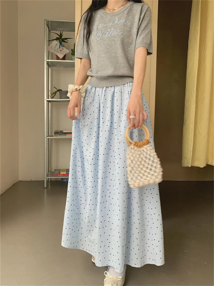 vmtvr Sweet Casual Long Skirts Women Polka Dots Loose Summer 2024 High Waist Knitted Sweaters Tees Gentle Chic New Slim