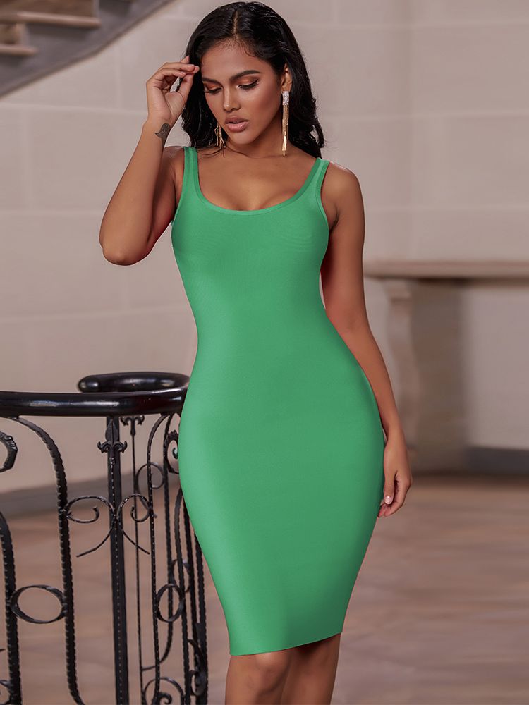 vmtvr - Elegant Sleeveless Bodycon Bandage Dress for Women  Summer Basic Green Sexy Dresses Roung Neck Evening Club Party Dress Midi