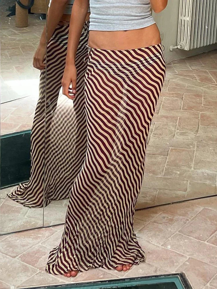 vmtvr Waves Striped Skirts Women Sexy See Through Chiffon Long Skirts Summer Fashion High Waist Holidays Party Beach Skirts 2024