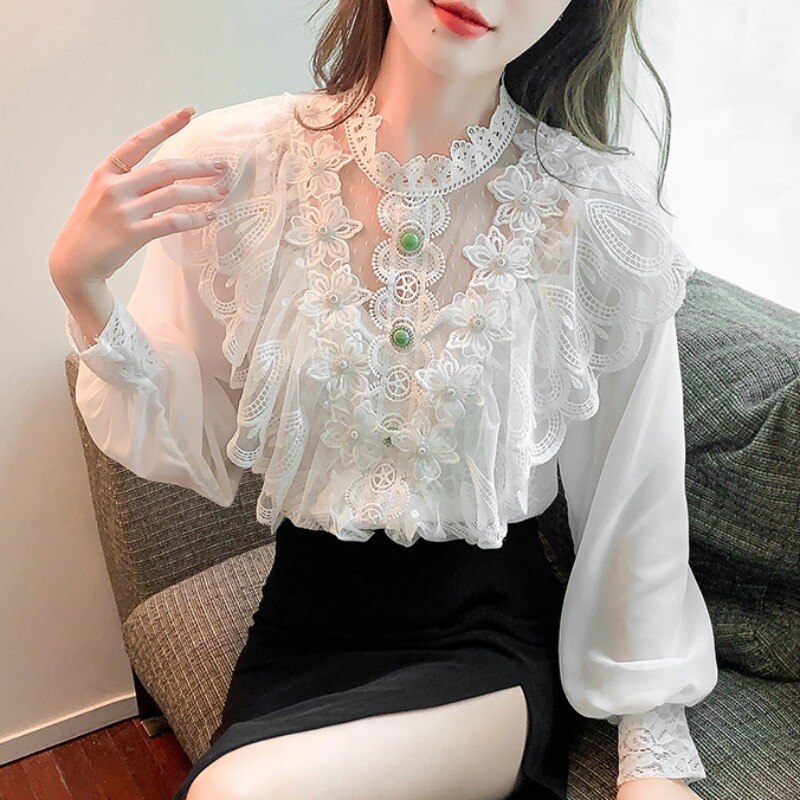 - Spring Fashion Embroidered Blouse Beaded Flower Chiffon Shirt Women's Sweet Long-Sleeved Stand-Up Collar Ruffled Lace Shirt