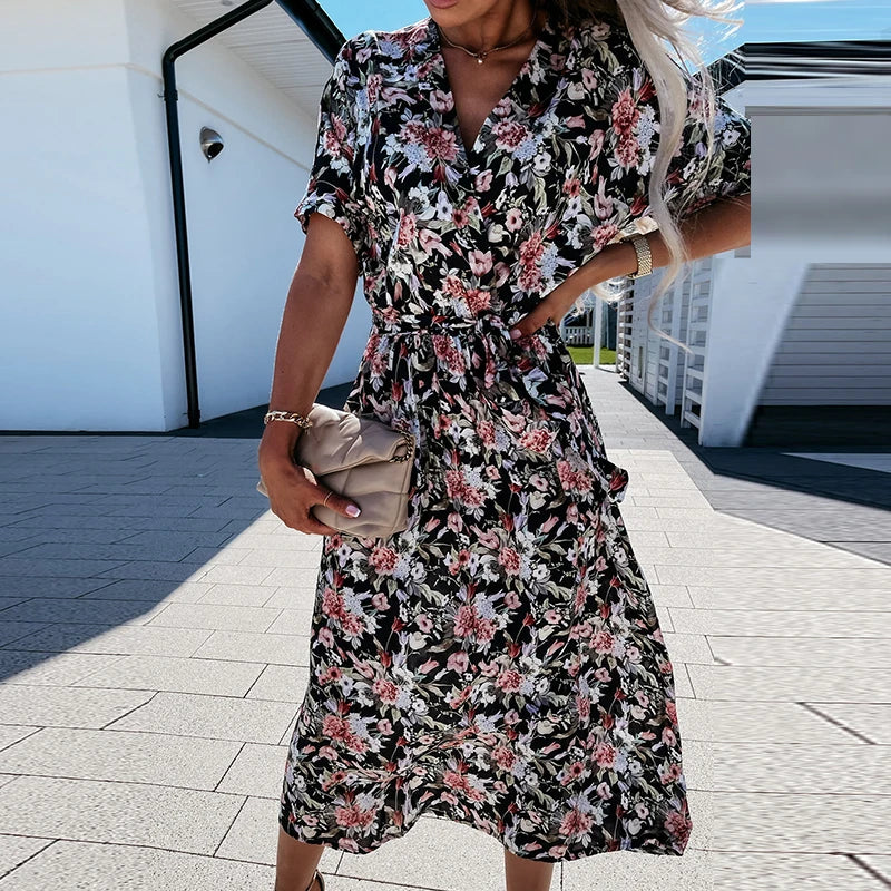 vmtvr New Spring Floral Print Boho Long Dress Women Elegant Wrap V-neck Belted A-Line Party Dress Summer Short Sleeve Loose Maxi Dress