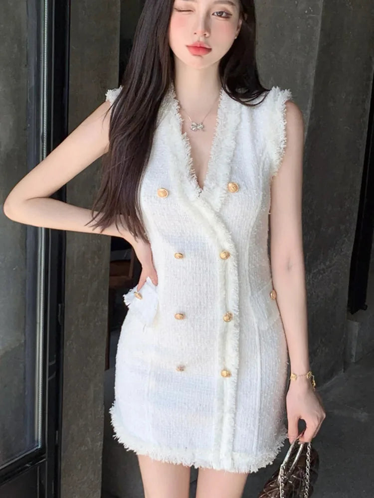 vmtvr  -  High Quality Korean Fashion Casual Small Fragrance Tweed Dresses Women French Vintage Woolen Summer Dress Elegant Party Vestidos