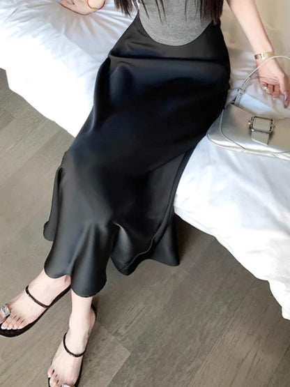 vmtvr Summer Satin Skirt 2024 Women's Long Skirt Silk High Waisted Slim Fashion Korean Solid Champagne Black Midi Skirts for Women