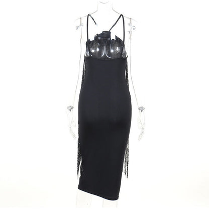 Sexy Sequins Tassel Halter Dress Women Fashion Sleeveless Backless Slim Dresses Lady Elegant Clubwear Party Evening  Dress