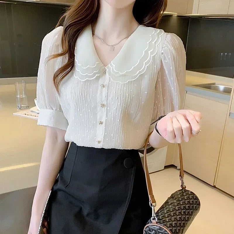 vmtvr Summer Fashion White Comfortable Chiffon Button Shirt Women Casual Mesh Short Sleeve Elegant Chic Sweet Blouse Ladies Tops