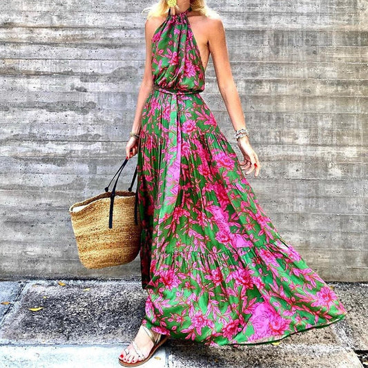 Summer Halter Sleeveless Floral Print Boho Dress for Women Pleated Stitching Maxi Dress High Waist Slim Lace Up Beach Dress