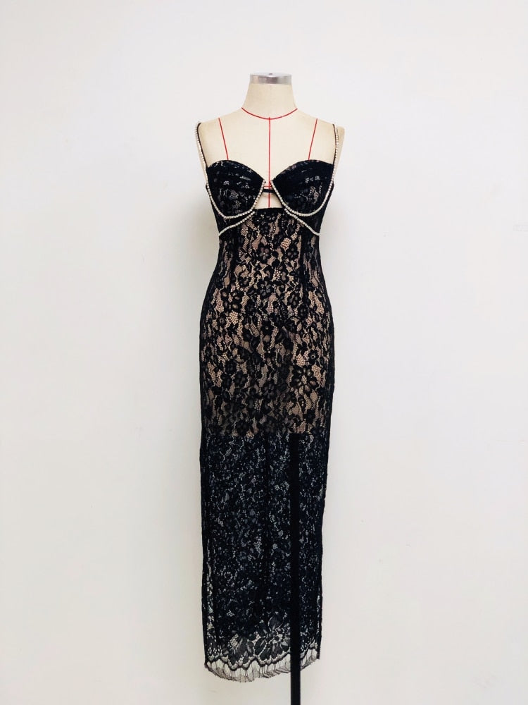 Sexy V Neck Diamonds Straps Lace Bodycon Long Dress Women Elegant Black Sleveless Cutout Designer Dress Party Club Evening Dress