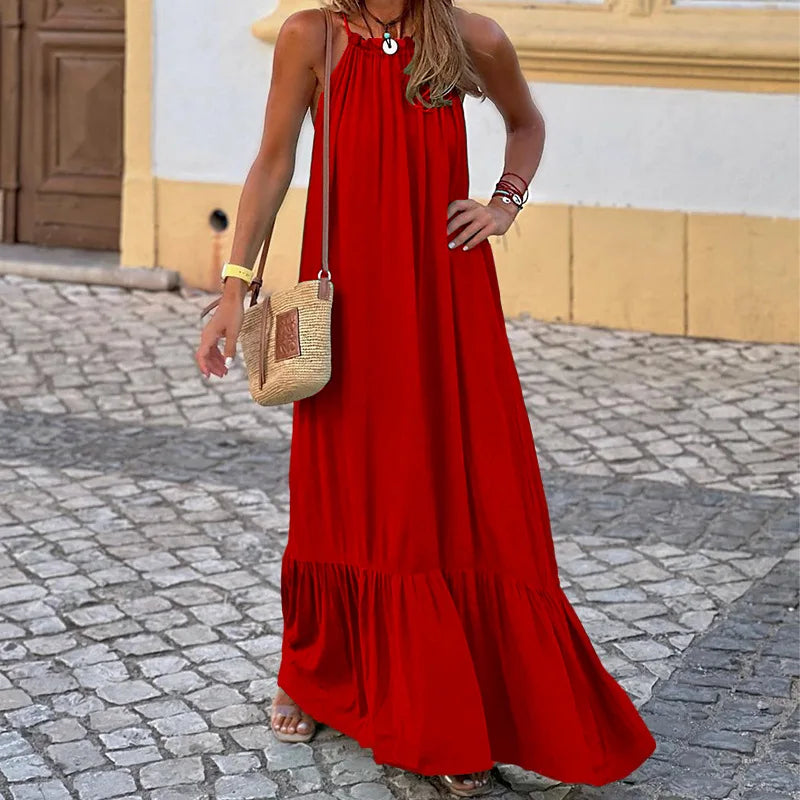 vmtvr Holiday Beach Solid Loose Boho Maxi Dress Women Sexy Halter Off Shoulder Long Party Dress Spring Summer Sleeveless Pleated Dress