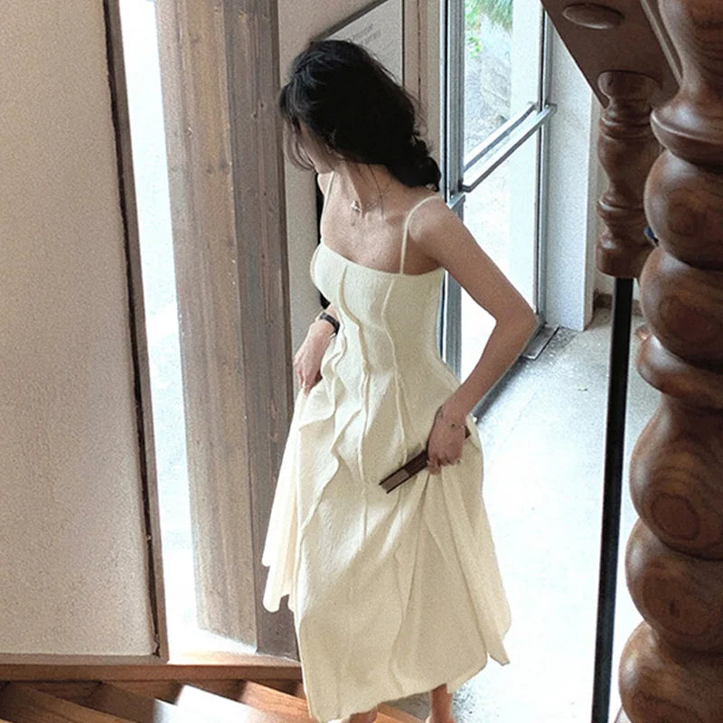 vmtvr Vintage White Spaghetti Strap Casual Midi Dress Summer Sleeveless Elegant Party Vestidos Fashion Chic Robe Clothes for Women