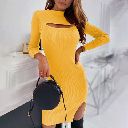 Sexy Hollow Long Sleeve Midi Dress Solid Color Slim Fit Fashion Hollow Out One Step Korean Robe Club Pencil Dress For Women