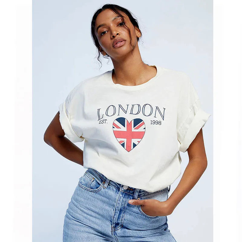 -Retro sports style outfit streetwear 90s fashion I Love London EST 1998 Letters Printing Lady's Retro White T Shirts Short Sleeve Cotton Loose Summer Top 90s Women Casual Tees