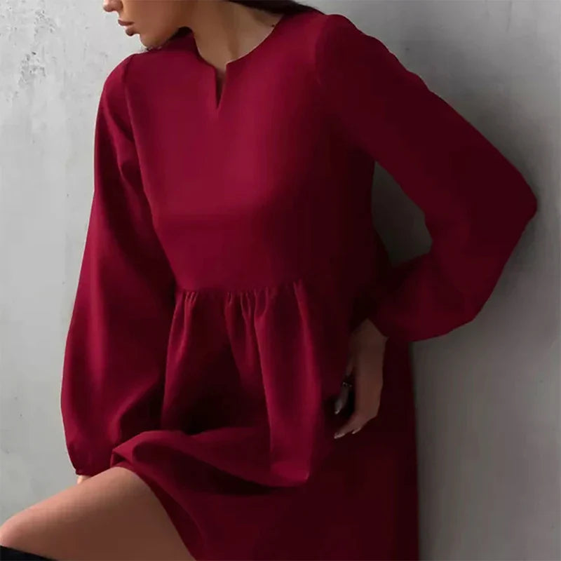 vmtvr Elegant O-neck Long Sleeve Waist Party Dress 2024 Spring Summer Casual Loose Mini Dress Women Fashion Pleated Solid A-Line Dress