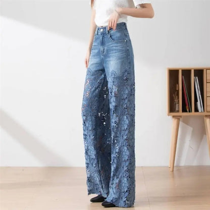 vmtvr Fashion Women's Jeans 2024 New Summer High-Waist Openwork Lace Stitching Denim Wide-Leg Pants Female Straight Trousers