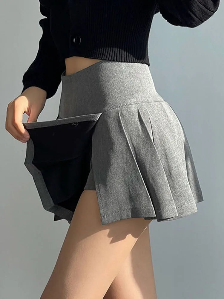 vmtvr Korean Sexy Slit Pleated Mini Skirt Women Fashion High Waist Preppy Style A Line Skirt Summer Solid Color Zipper Skirt New