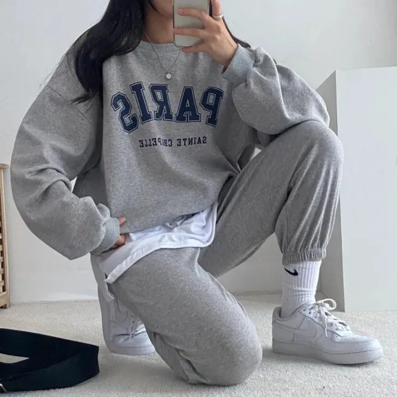 - Women's Tracksuit Casual Long Sleeve Sport Suits Autumn Warm Paris Letter Printed Sweatshirts + Pants Fleece Two Piece Sets