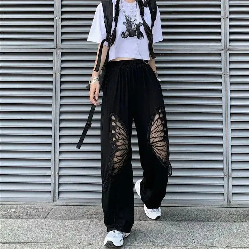 vmtvr Butterfly Hollow Embroidery Out Pattern Black Pants Hip Hop Vintage Women Streetwear Summer Loose Sport Fashion Casual Trousers