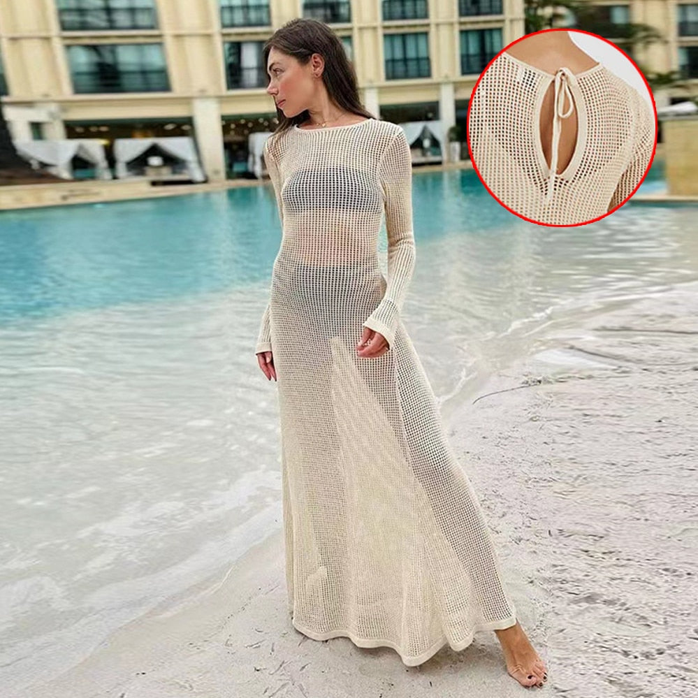 Summer Knitted Maxi Dress for Women Hollow Out See Through Long Sleeve Slim Elegant Sexy Dresses Club Party Beach Dress Casual