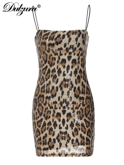 - Leopard Print Spaghetti Shoulder Strap Square Collar Mini Dress Sparkly Sequins  Summer Women Party Club Y2K Clothes