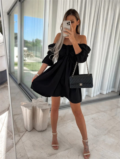 Women Elegant Lantern Half Sleeve Strapless Dress Sexy Off Shoulder Bow Pleat Loose Mini Dress Summer Casual Solid Beach Dress