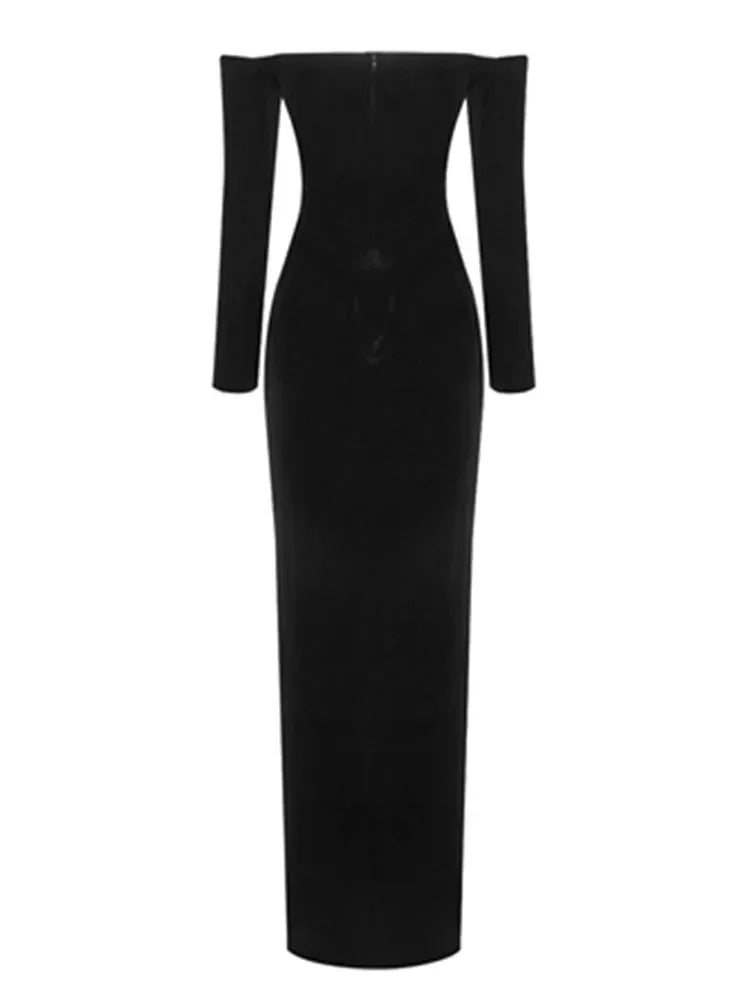 vmtvr  -  Women Celebrity Winter New Sexy Long Sleeve Off Shoulder Lace Black Velvet Bodycon Gowns Dress Elegant Evening Party Club Dress