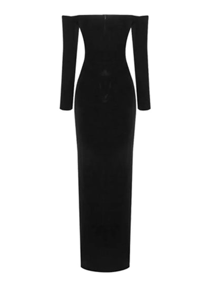 vmtvr  -  Women Celebrity Winter New Sexy Long Sleeve Off Shoulder Lace Black Velvet Bodycon Gowns Dress Elegant Evening Party Club Dress