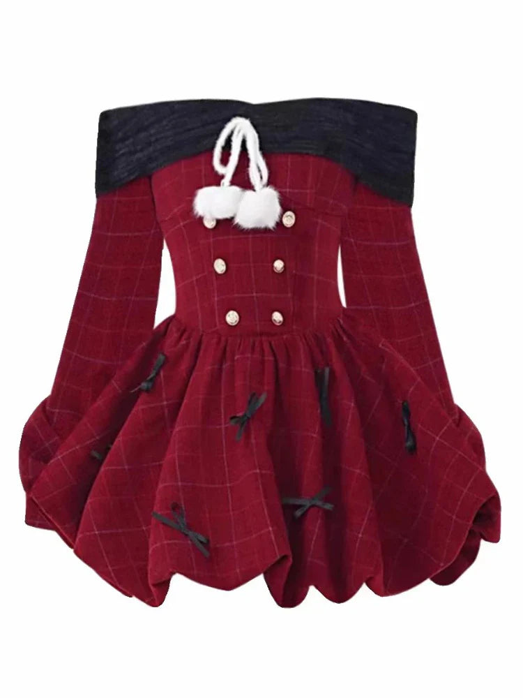 vmtvr  -  Spring Christmas Red Elegant Party Dress Women Casual Sweet Plaid Bow Dresses Female Korean Fashion Chic Kawaii Mini Dress