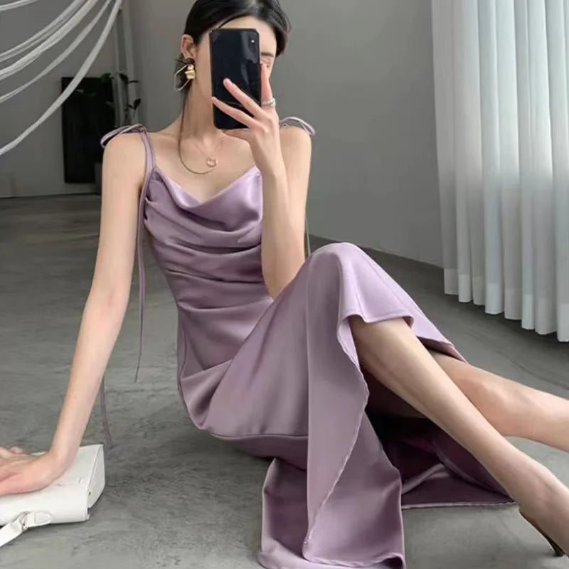 vmtvr Korean Purple Satin Midi Dress Women Fashion Folds Spaghetti Strap Dress Woman Elegant Summer Waist-Tight Party Dresses