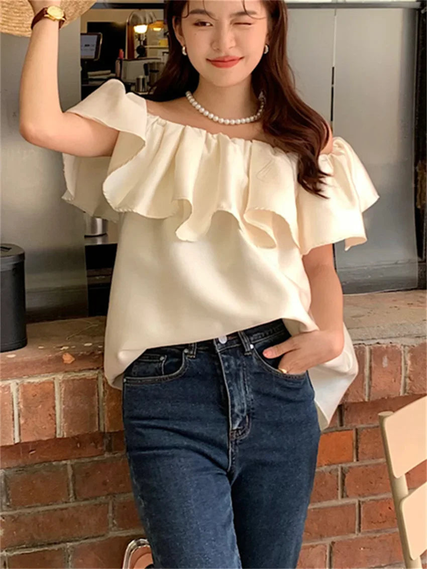 vmtvr Apricot Blouses Women Slash Neck Elegant Chic Lady Office Wear Off Shoulders Sexy Summer Short Sleeve Slim New