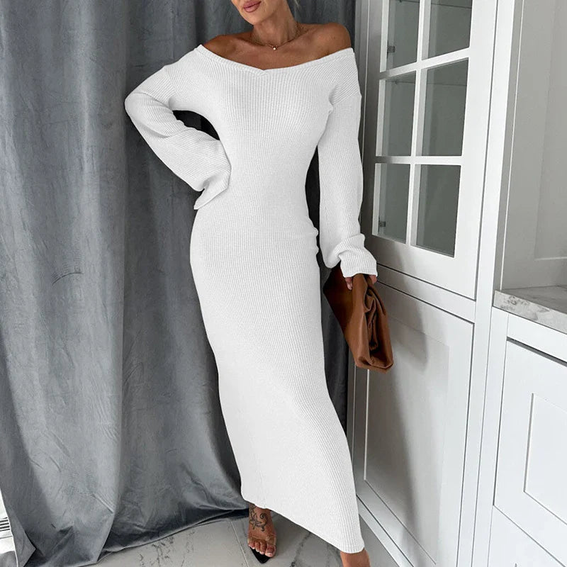 vmtvr Autumn Casual Solid Rib Knitted Long Dress Women Elegant V-neck Slim Bodycon Maxi Dress Winter Flare Long Sleeve Boho Lady Dress