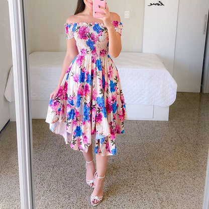 vmtvr Sexy Off The Shoulder Tube Top Dress Butterfly Rainbow Floral Print Dress Ladies Elegant Slim Summer Bohemian Party Maxi Dresses