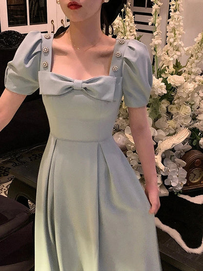 2024 Summer Elegant Vintage Fairy Dress Women Bow Pink Sweet Party Midi Dress Casual Retro Korean Dress Female Puff Sleeve Slim