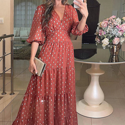 vmtvr Sexy V-neck High Waist Boho Maxi Dress Women Spring Polka Dot Print Elegant Long Dress New Summer Short Sleeve Loose Beach Dress