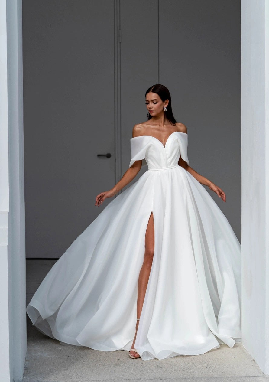 vmtvr - Gorgeous Off The Shoulder V-ncek Organza A Line Wedding Dresses Side Slit Back Bow  Boho Wedding Gowns Princess Robe de Mariee