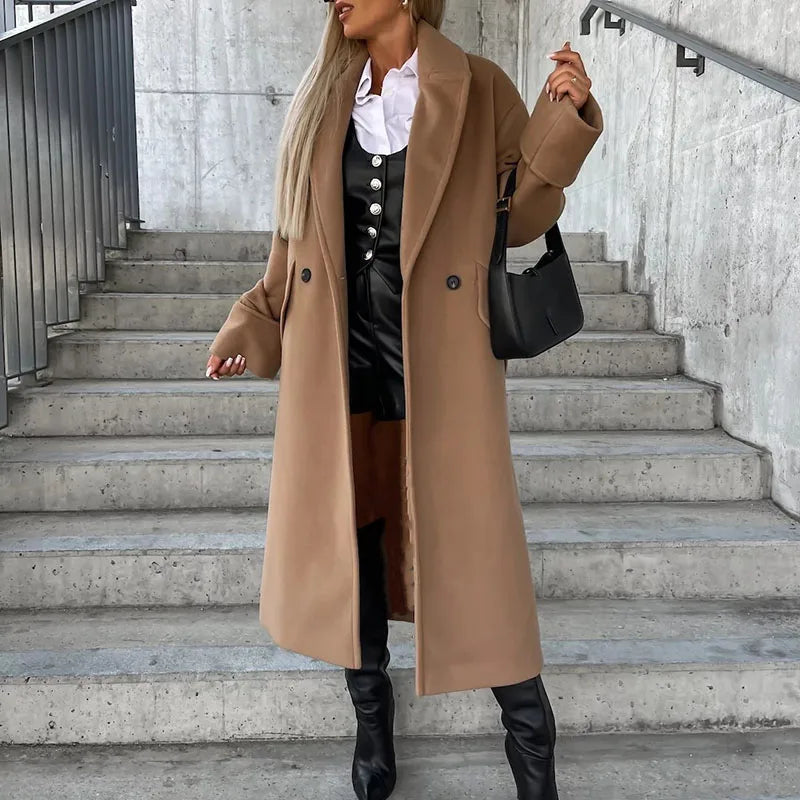 vmtvr Commuter Ladies Elegant Lapel Neck Woolen Coat Autumn Double Button Slim Long Tops Cardigan Winter Long Sleeve Warm Women Jacket