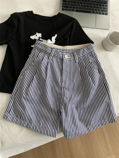 vmtvr Blue Striped Boxer Shorts Women's Commuting Fashion Casual Slimming A-line Wide Leg Pants Summer