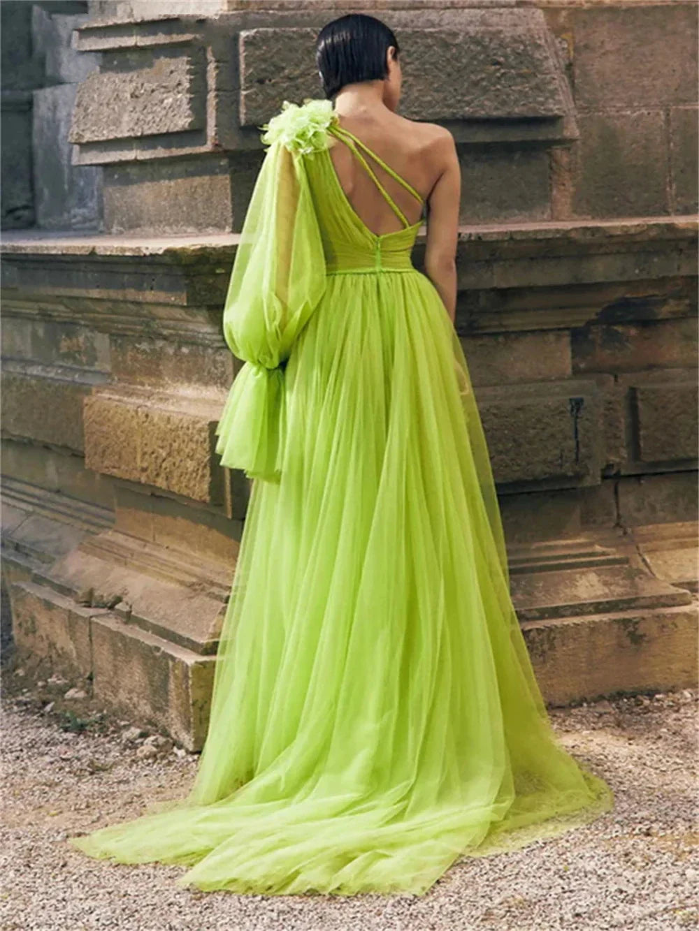 vmtvr  - Green pleated one shoulder long sleeved 3D flower beach mop cocktail party birthday party concert evening dress