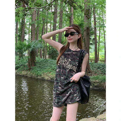 vmtvr  -  Camouflage print dress retro short-sleeved loose fashion sundress