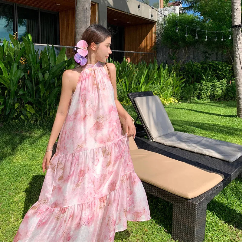 vmtvr O-Neck Elegant Women Summer Loose Dress Vacation Pink Floral Fairy Lolita Dresses Popular Bow Long Grunge Sleeveless Robe 2024