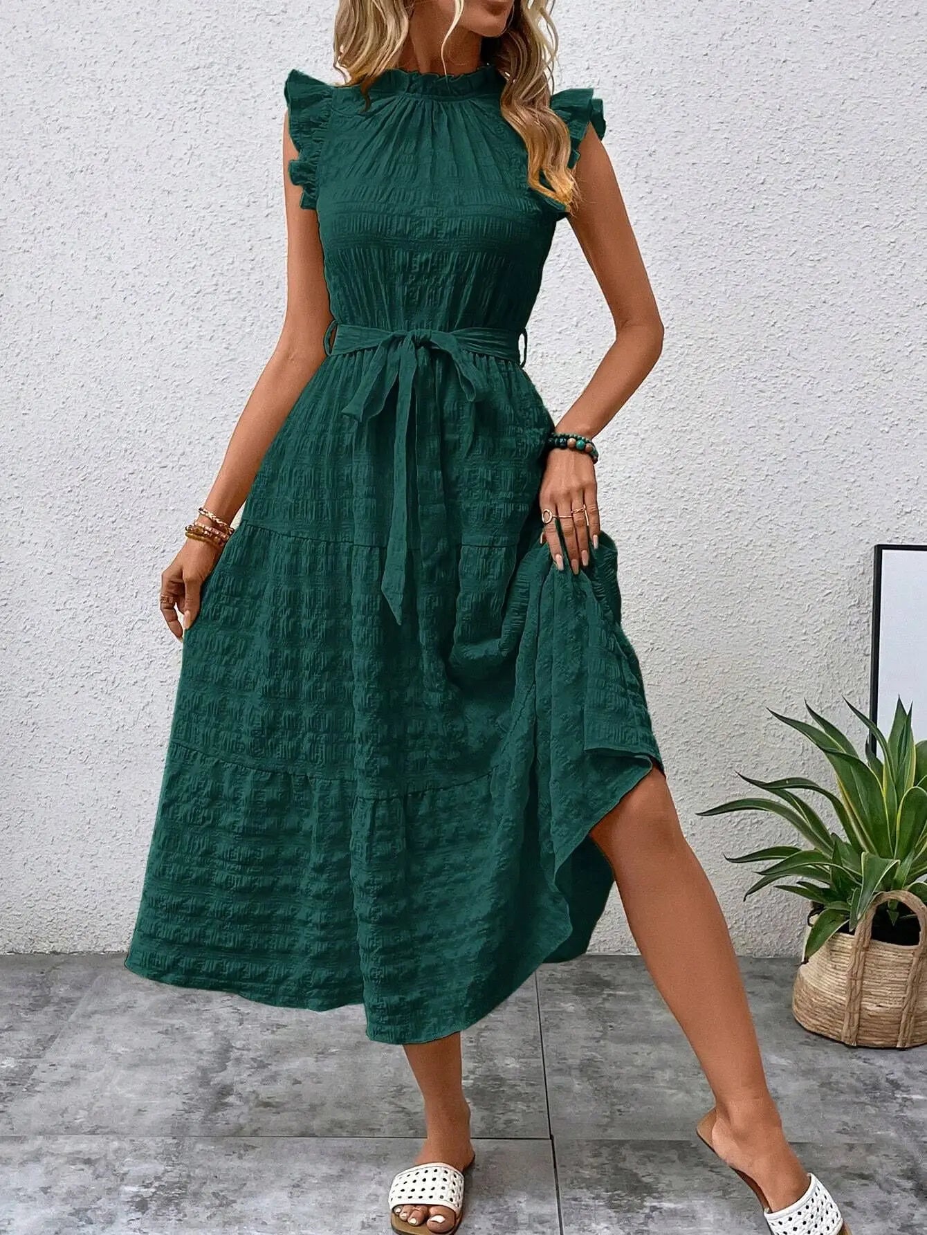 vmtvr  -  Ladies summer new fashion ruffled flying sleeves lace-up textured dress Office Lady dress