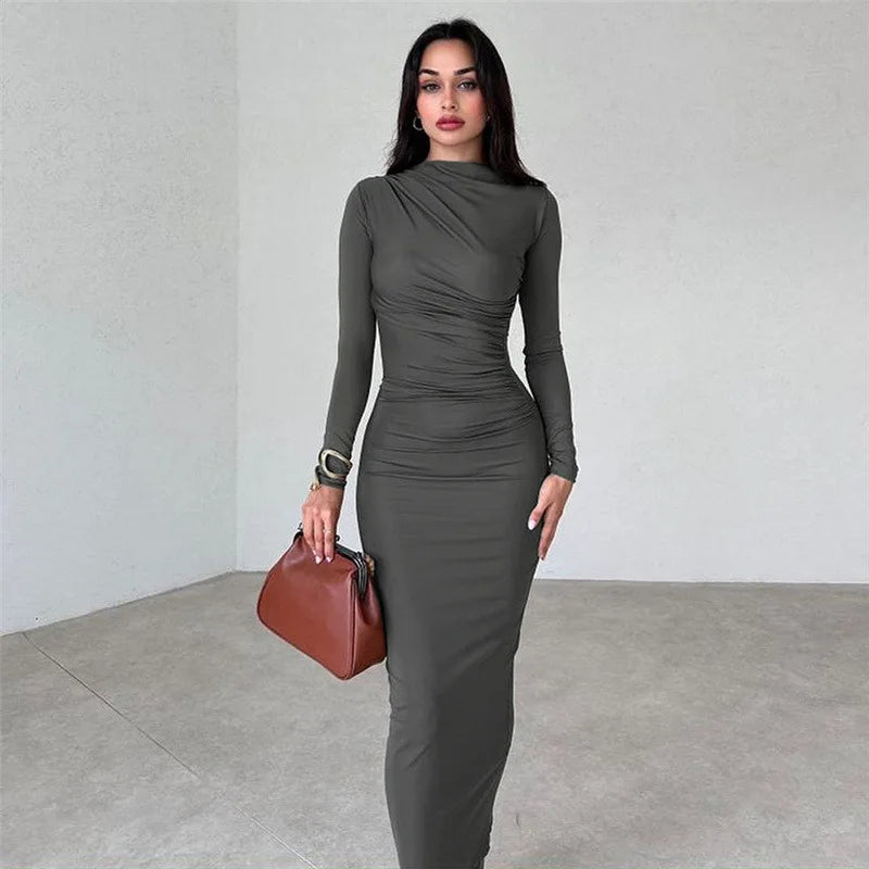 Autumn Elegant Ruched Long Bodycon Dress Fashion Outfits for Women Club Party Slinky Sexy Dresses Birthday Robes