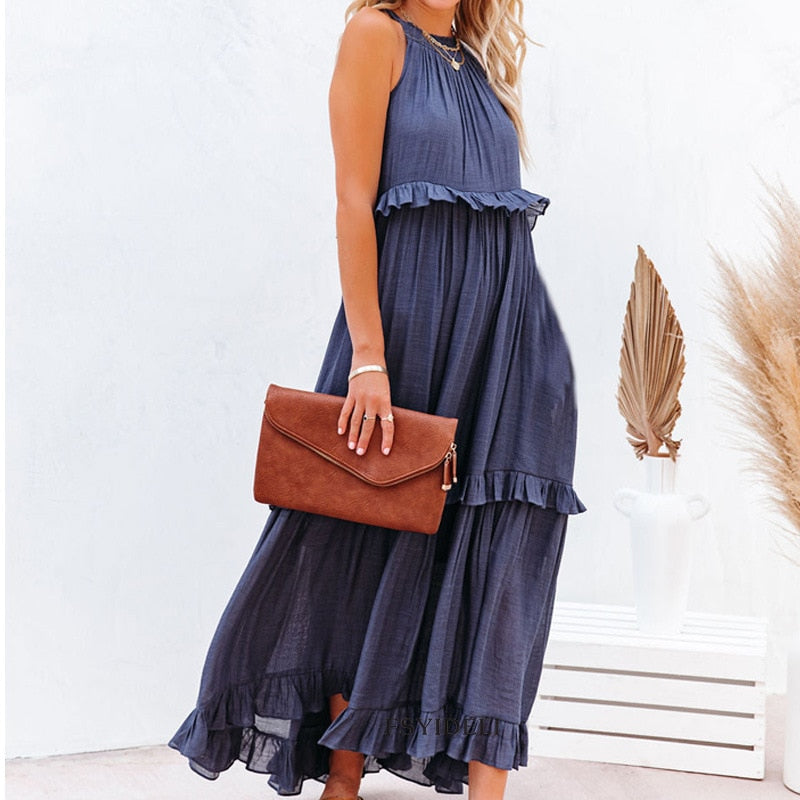 Summer Solid Color Ruffled Maxi Dress Layered Boho Floor Length Dress Irregular Sleeveless Holiday Vestidos Femme Halter Dress