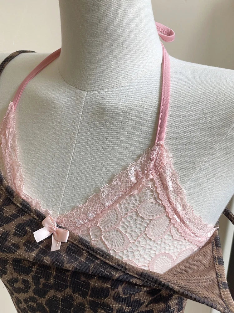 vmtvr Summer Women Korean Ballet Core Fake Two Pieces Camisole Coquette Dark Academia Leopard Print Crop Top Gyaru 2000s Aesthetic Hot