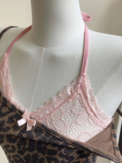 vmtvr Summer Women Korean Ballet Core Fake Two Pieces Camisole Coquette Dark Academia Leopard Print Crop Top Gyaru 2000s Aesthetic Hot