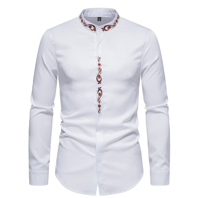 jiaabc Men Spring Autumn Shirt Social Henley Dress Shirt Fashion Long Sleeve Formal Embroidery Tops Clothing Casual camisa masculina