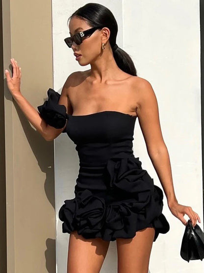 vmtvr - VC Black Mini Dress Women Sexy One Shoulder Sleeveless Slim Ruched Design High Street Wear Pretty Female Clothes