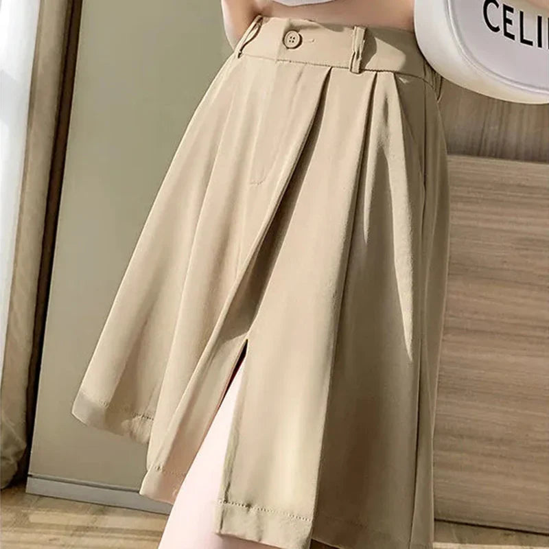 vmtvr Fashion Women Suit Shorts Summer Casual Streetwear Slit Female Loose Shorts All Match High Waist Black Wide Leg Pants