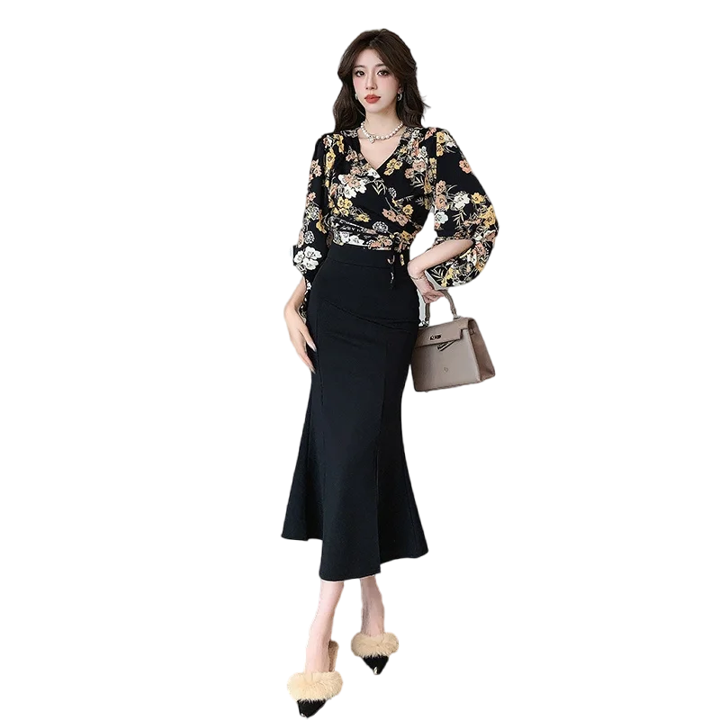 vmtvr New French Vintage Floral Dress for Women Long Sleeve Two Piece V-Neck Trumpet New Autumn Winter Fashion Dress Sets