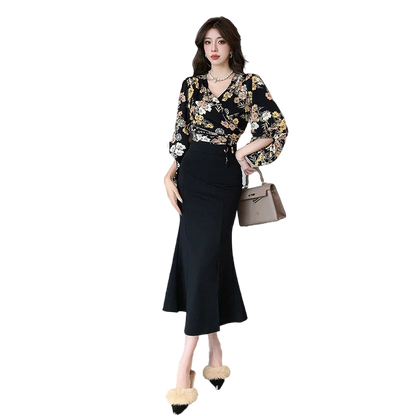 vmtvr New French Vintage Floral Dress for Women Long Sleeve Two Piece V-Neck Trumpet New Autumn Winter Fashion Dress Sets