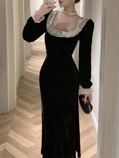 vmtvr Autumn Women Vintage Chic Velvet Black Dress Long Sleeve Bodycon Evening Party Dresses Female Fashion Chic Prom Vestidos Mujers