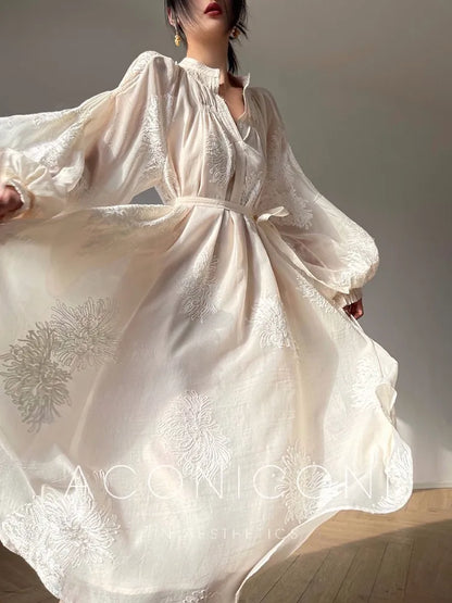 vmtvr Spring Summer Women Embroidery Casual Party Dresses Elegant Lantern Sleeve Vintage A-Line Dress Female Fashion Vestidos Robe